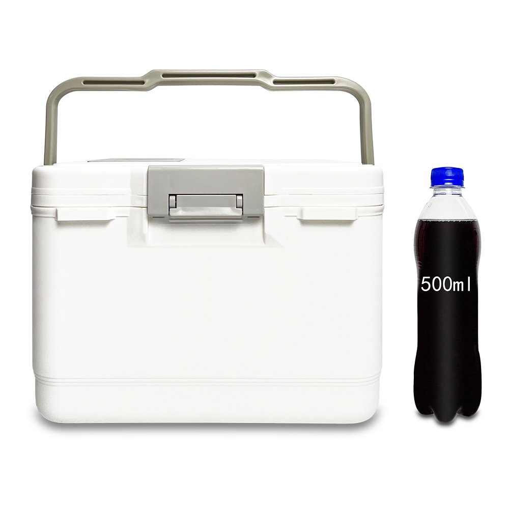 An outdoor cooling box with a tank full of fish and shrimp